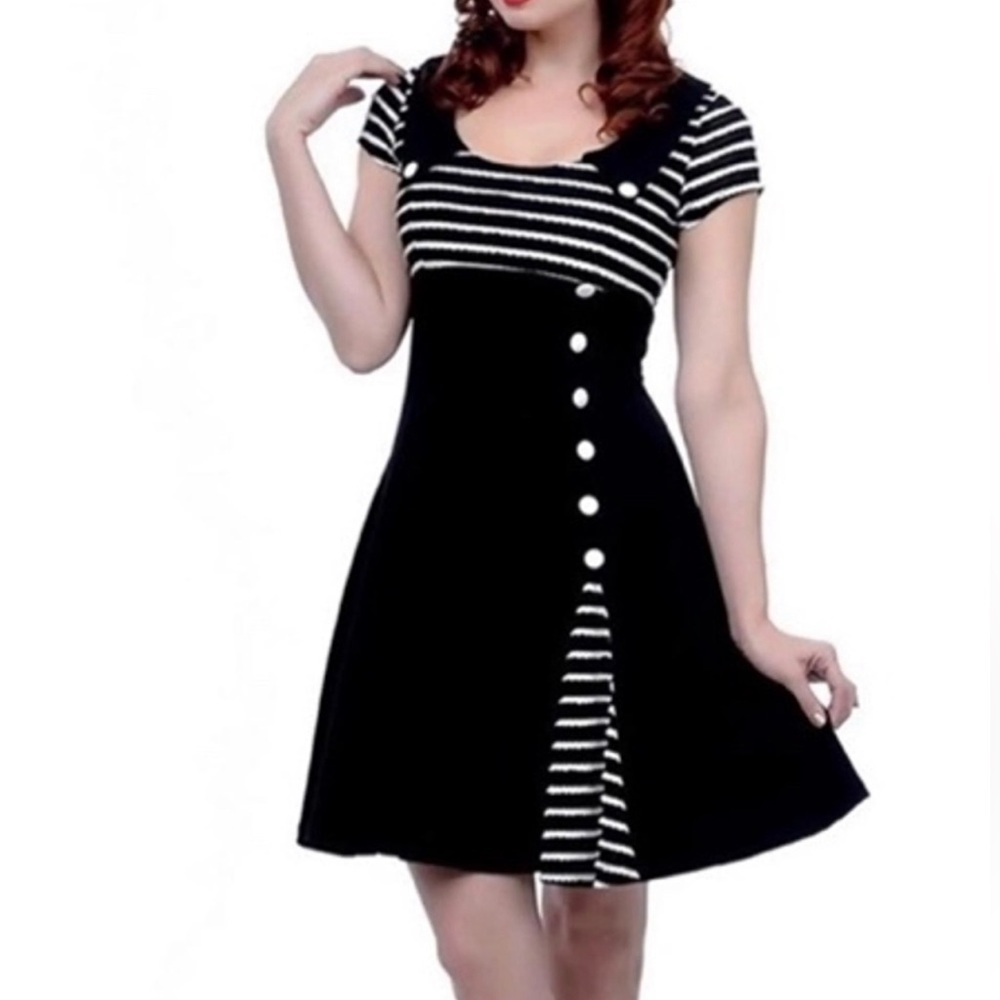 Voodoo Vixen Women’s Whimsy Goth Black White Striped Nautical A-Line Dress- XL